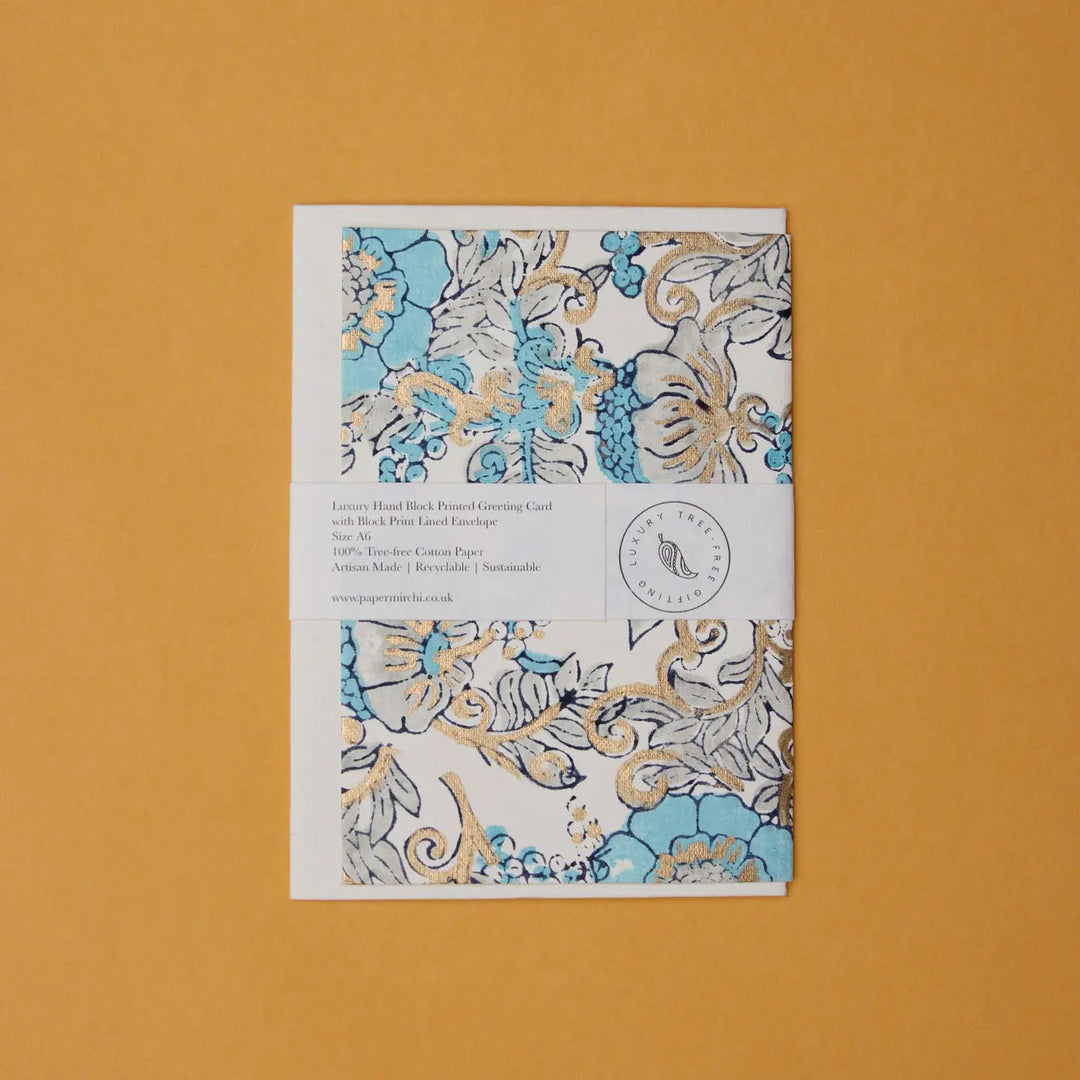 Hand Block Printed Greeting Card - Wild Rose Blue Opal