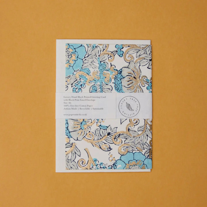 Hand Block Printed Greeting Card - Wild Rose Blue Opal