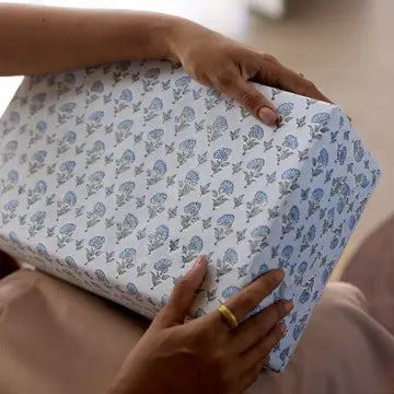 Hand Block Printed Gift Wrap Sheets - Ditsy Floral Blue Stone (Roll of 3)