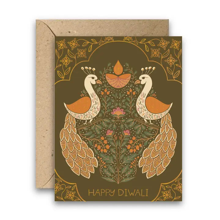 Gold Foil Diwali Card with Peacocks