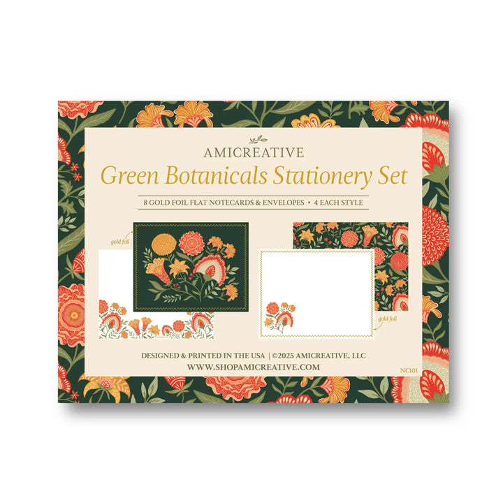 Green Botanical Luxury Stationery Set – 8 Flat Notecards