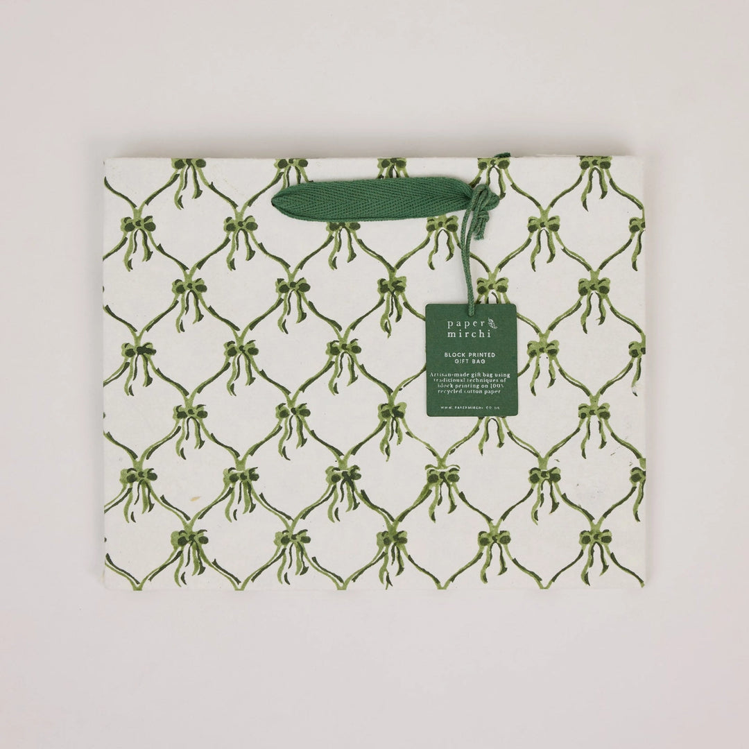Hand Block Printed Gift Bags - Bows Holly Green