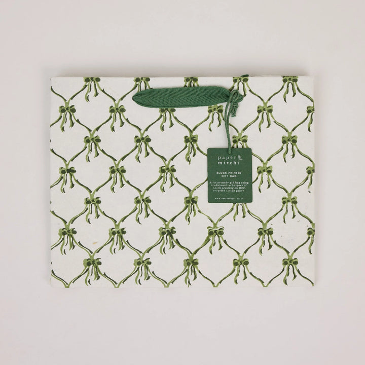 Hand Block Printed Gift Bags - Bows Holly Green