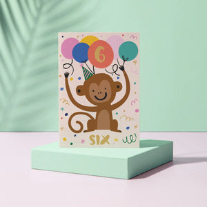 Monkey-Themed Six-Year-Old Birthday Card
