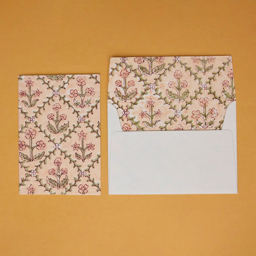 Hand Block Printed Greeting Card - Floral Lattice Terracotta