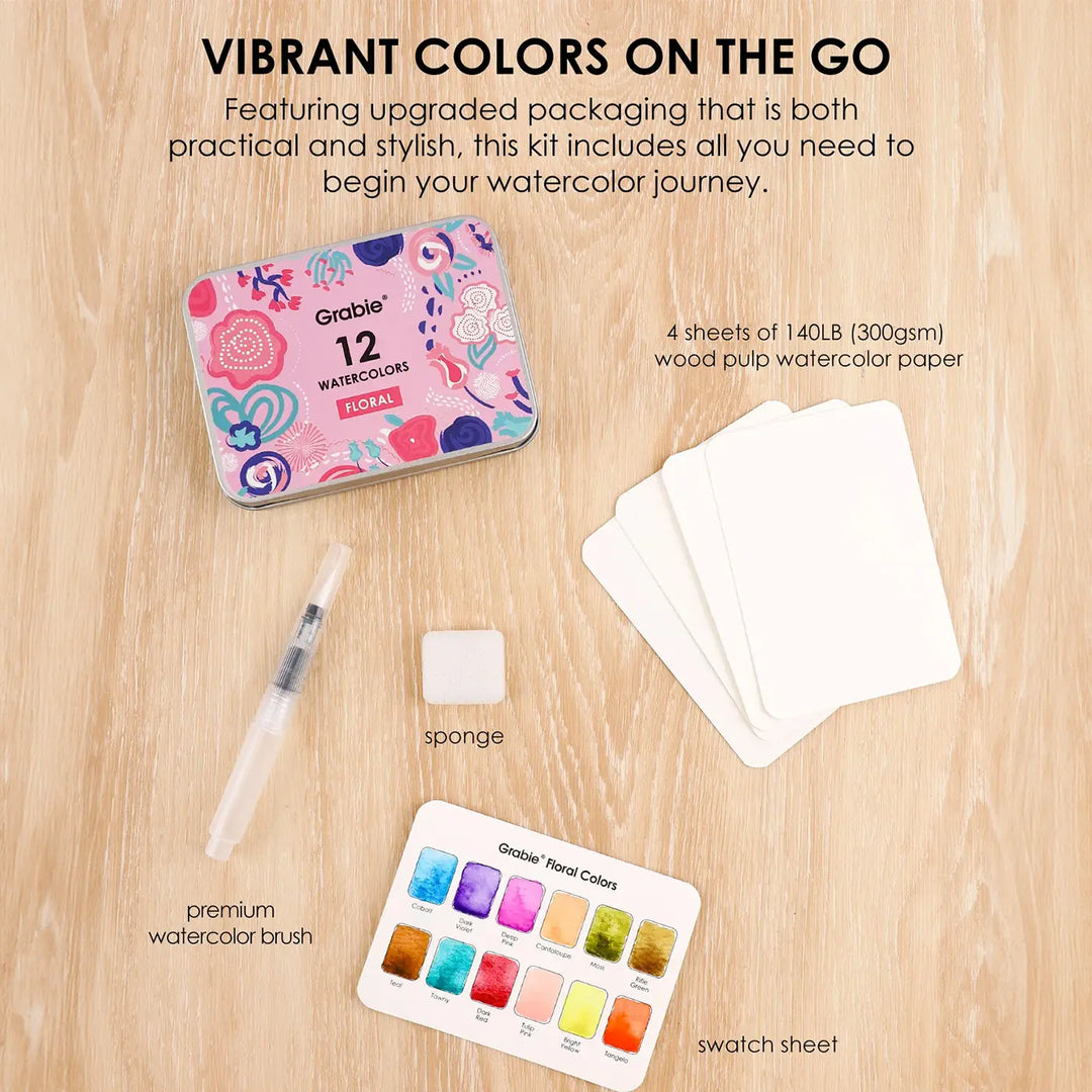 Watercolor Pocket Set of 12 Colors with Brush - Floral Colors