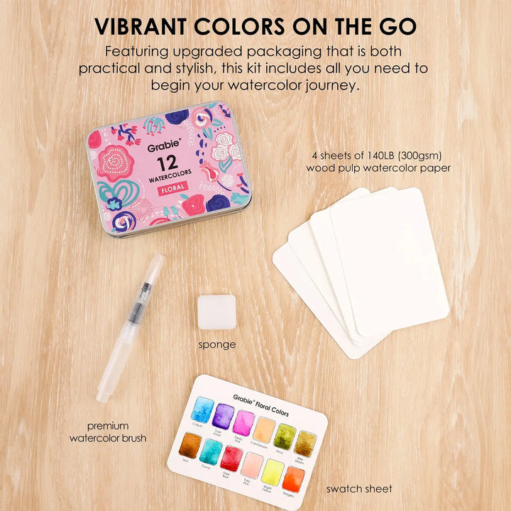 Watercolor Pocket Set of 12 Colors with Brush - Floral Colors