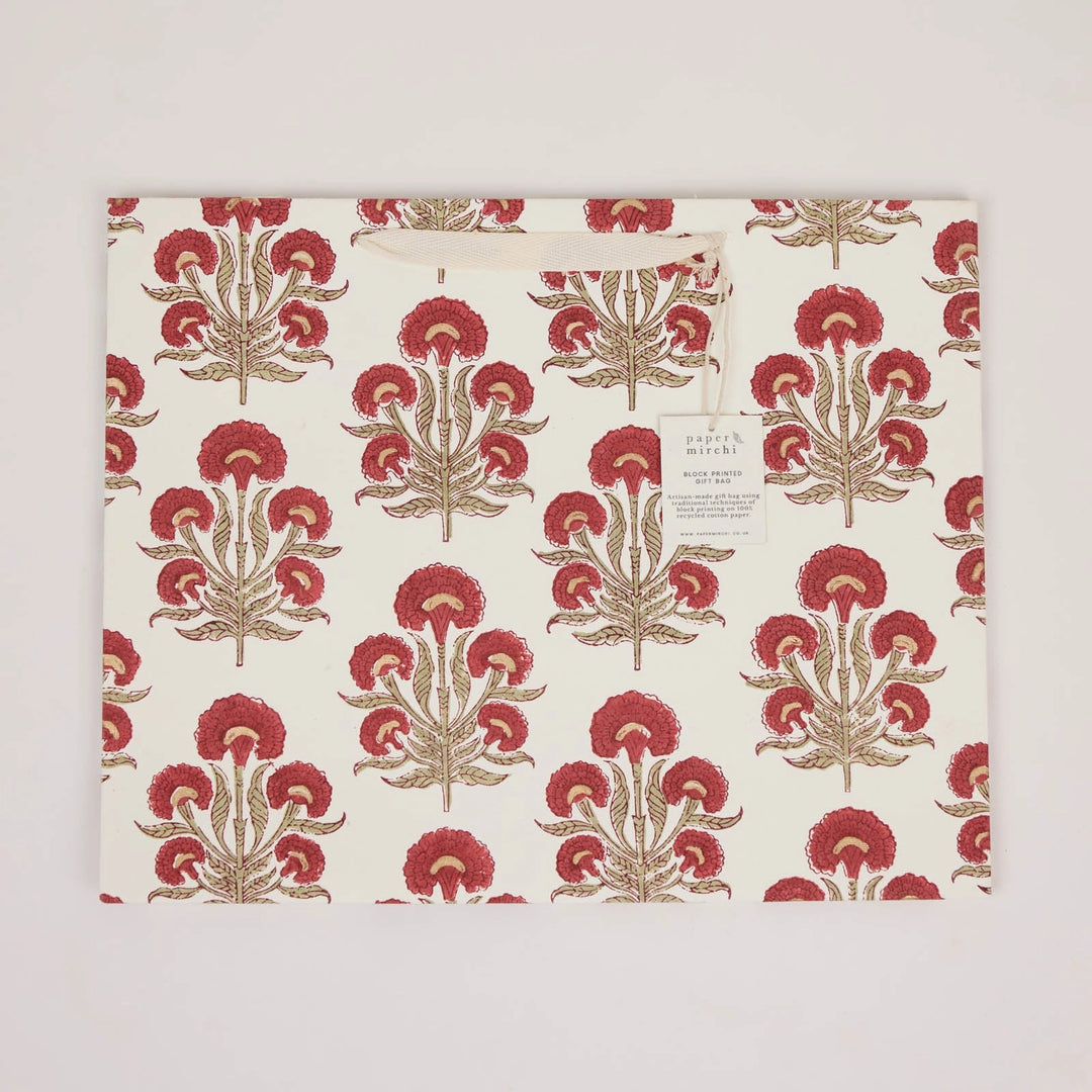 Hand Block Printed Gift Bags - Aurora Winter Red