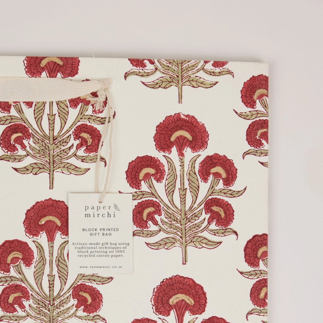 Hand Block Printed Gift Bags - Aurora Winter Red