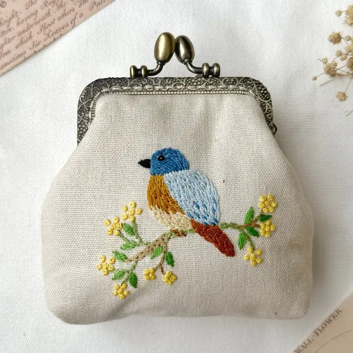 Bird Embroidered Navy Blue Coin Purse