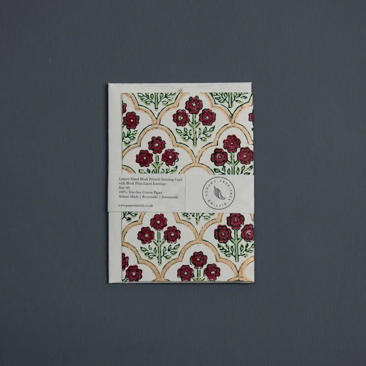 Hand Block Printed Greeting Card - Trellis Cherry