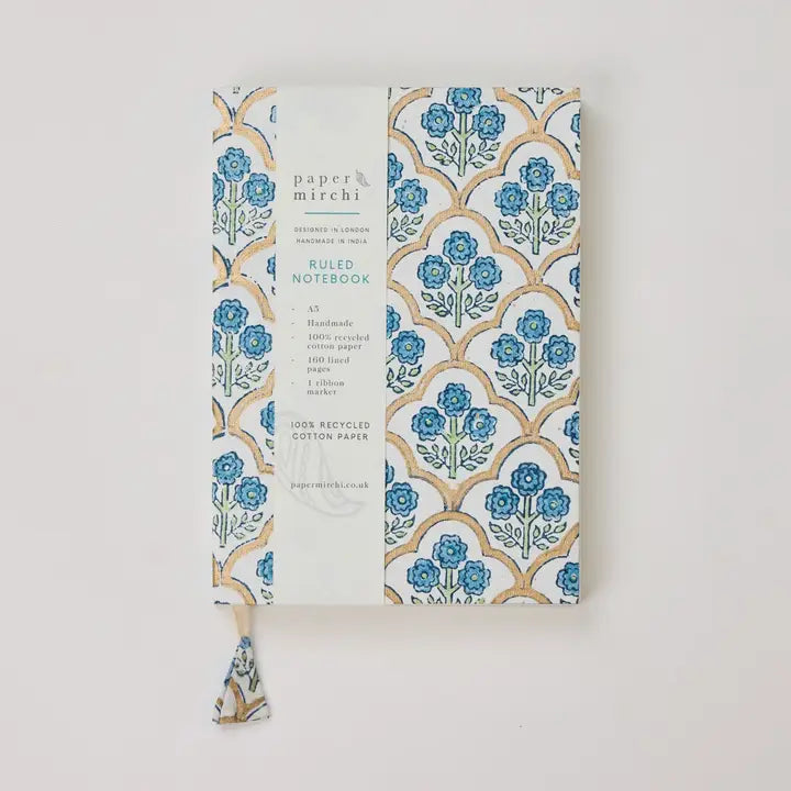 Block Printed Ruled Notebook (A5) - Trellis Indigo