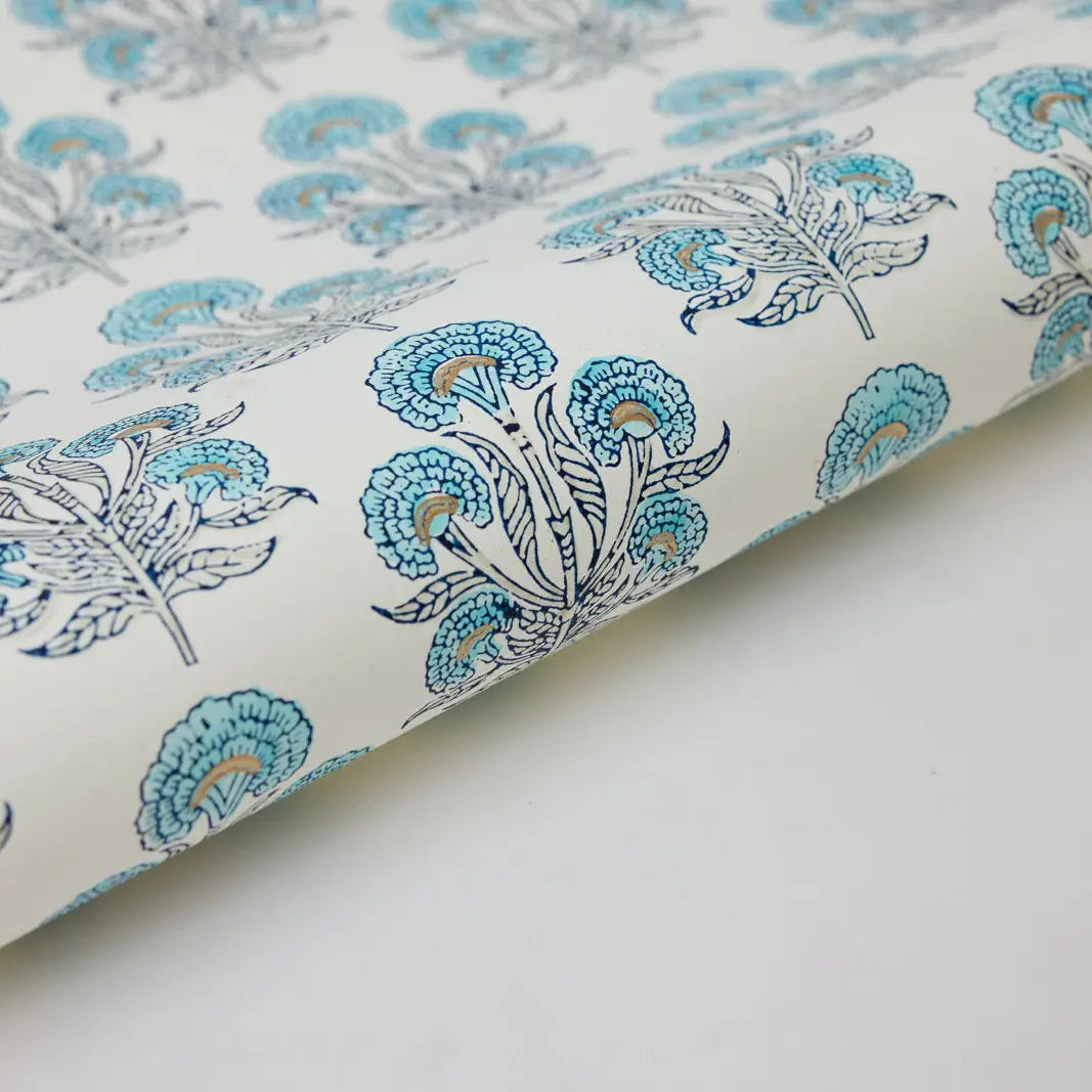Hand Block Printed Gift Wrap Sheets - Aurora Blue Opal (Roll of 3)