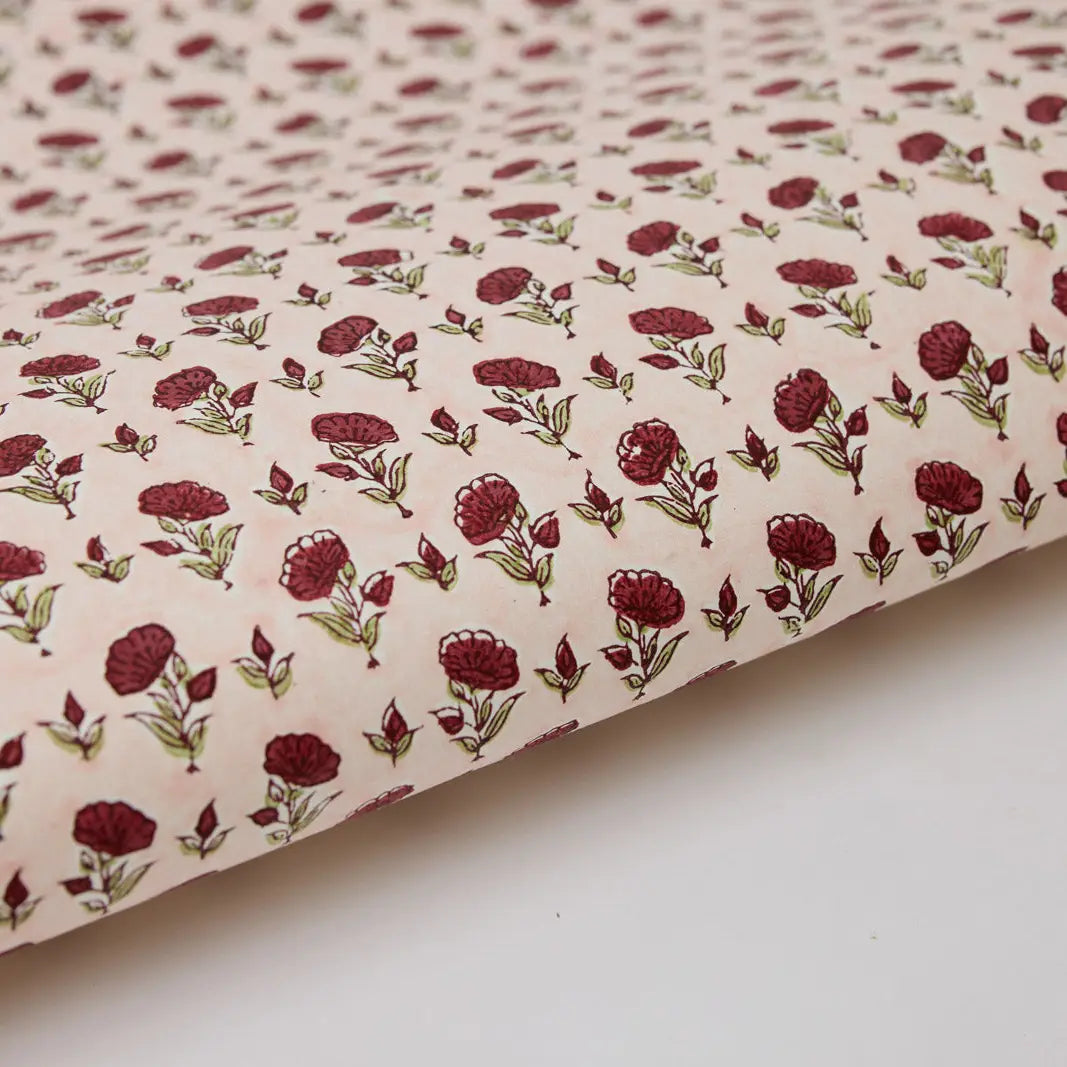 Hand Block Printed Gift Wrap Sheets - Ditsy Floral Scarlet (Roll)