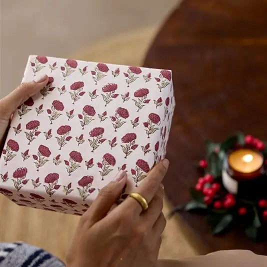 Hand Block Printed Gift Wrap Sheets - Ditsy Floral Scarlet (Roll)