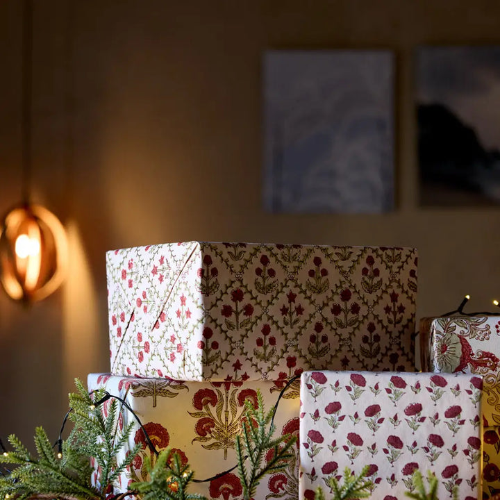 Hand Block Printed Gift Wrap Sheets - Ditsy Floral Scarlet (Roll)