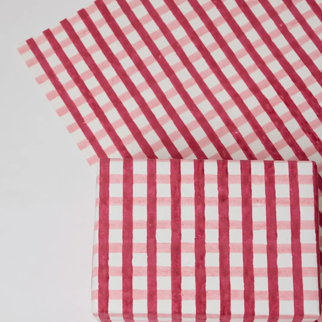 Block Printed Wrapping Paper Sheets - Gingham Christmas Pudding (Roll)