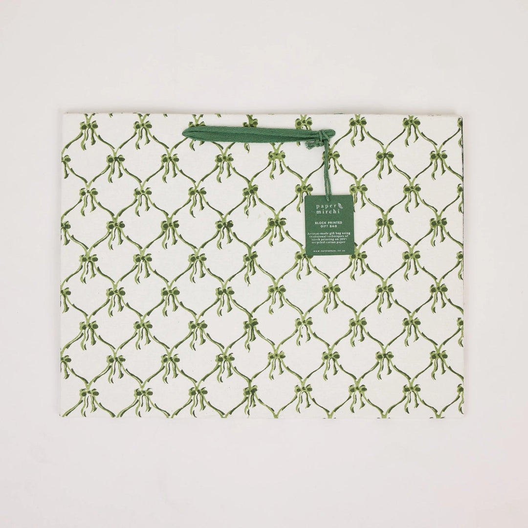 Hand Block Printed Gift Bags - Bows Holly Green