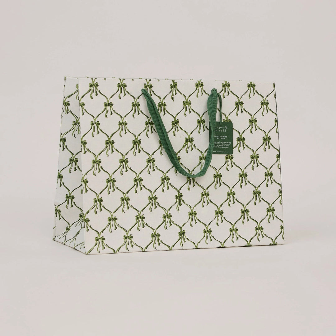 Hand Block Printed Gift Bags - Bows Holly Green