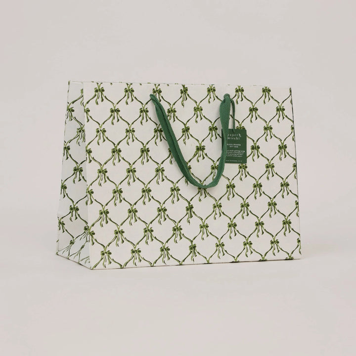 Hand Block Printed Gift Bags - Bows Holly Green