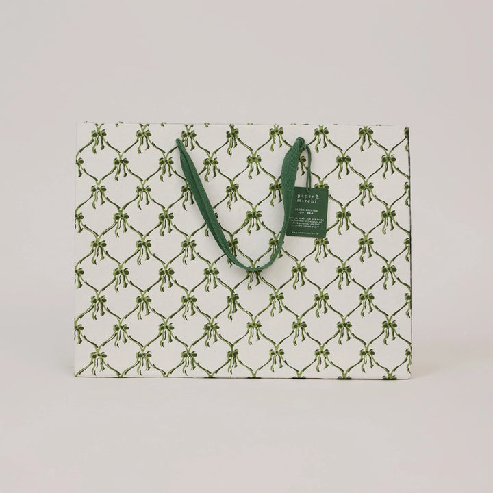 Hand Block Printed Gift Bags - Bows Holly Green