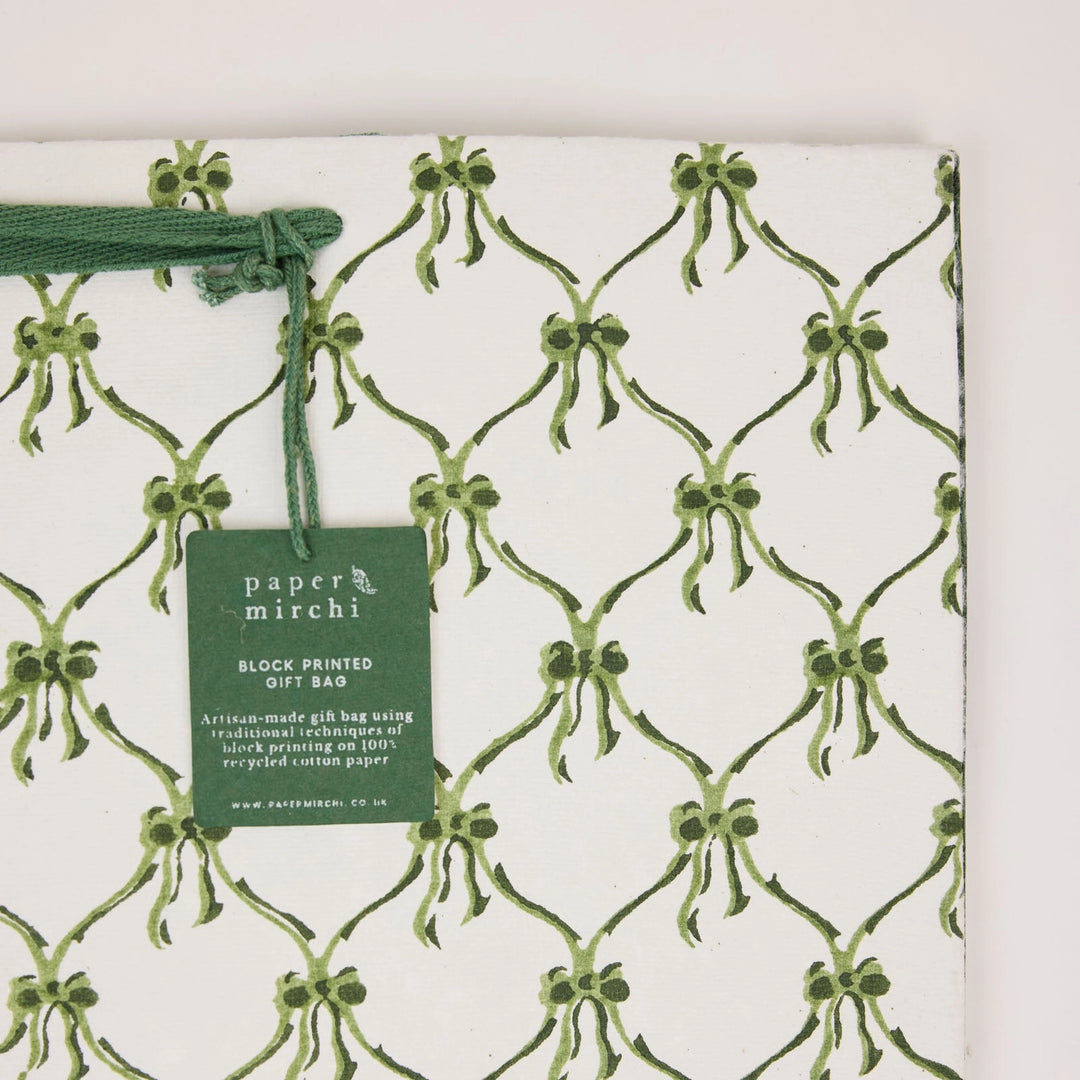 Hand Block Printed Gift Bags - Bows Holly Green