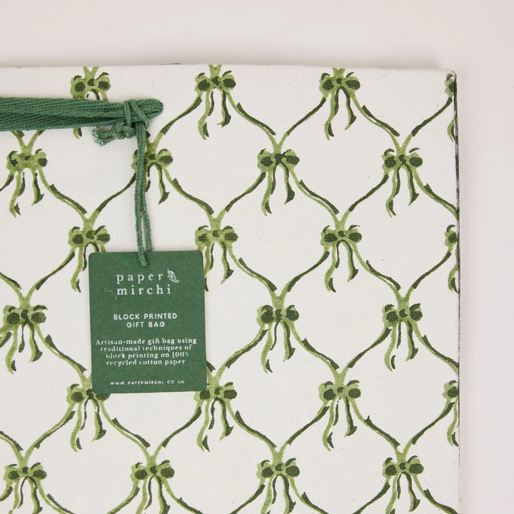 Hand Block Printed Gift Bags - Bows Holly Green