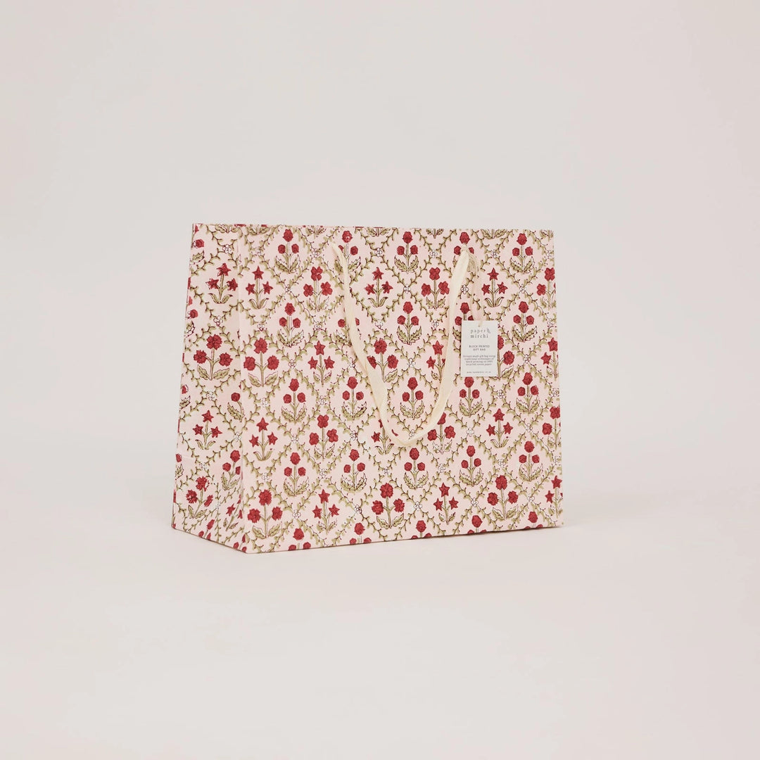 Hand Block Printed Gift Bags - Floral Lattice Winter Red