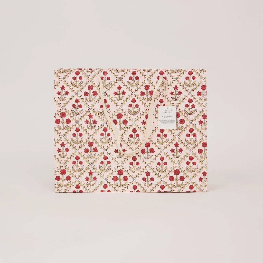Hand Block Printed Gift Bags - Floral Lattice Winter Red