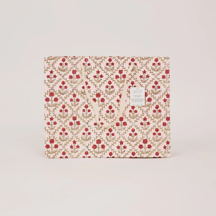 Hand Block Printed Gift Bags - Floral Lattice Winter Red