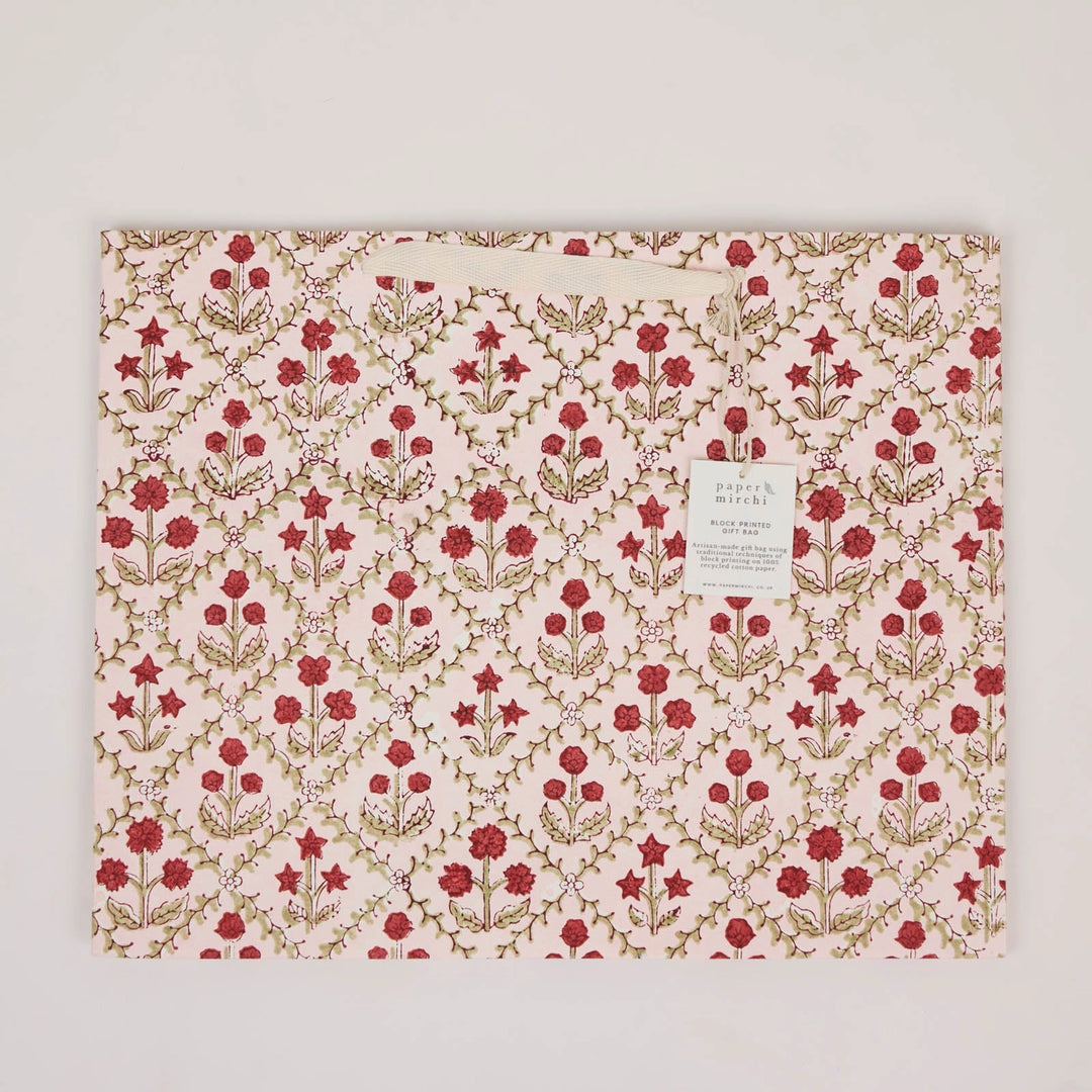 Hand Block Printed Gift Bags - Floral Lattice Winter Red