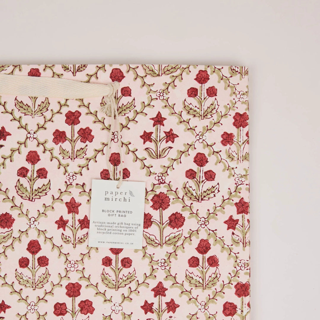 Hand Block Printed Gift Bags - Floral Lattice Winter Red