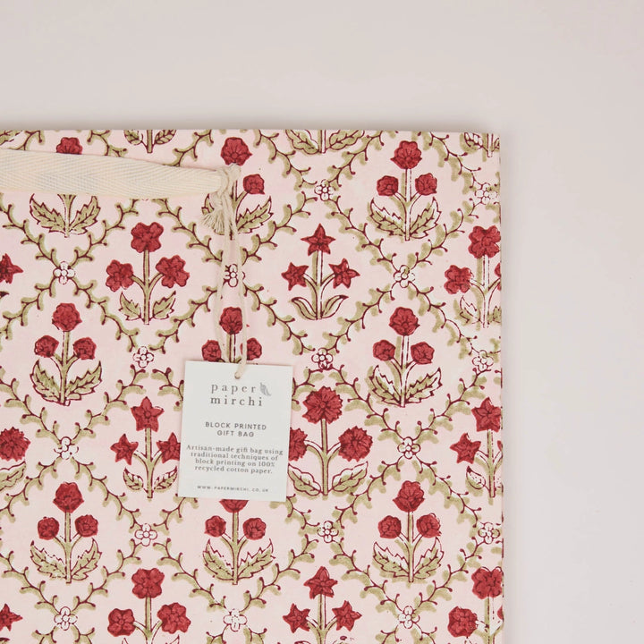 Hand Block Printed Gift Bags - Floral Lattice Winter Red