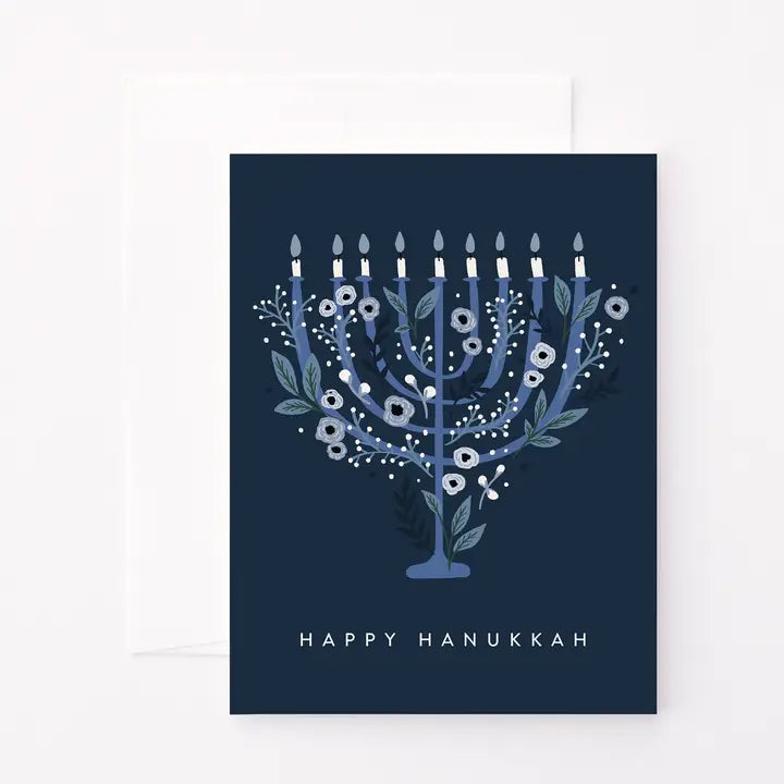 Blue Floral Menorah Card
