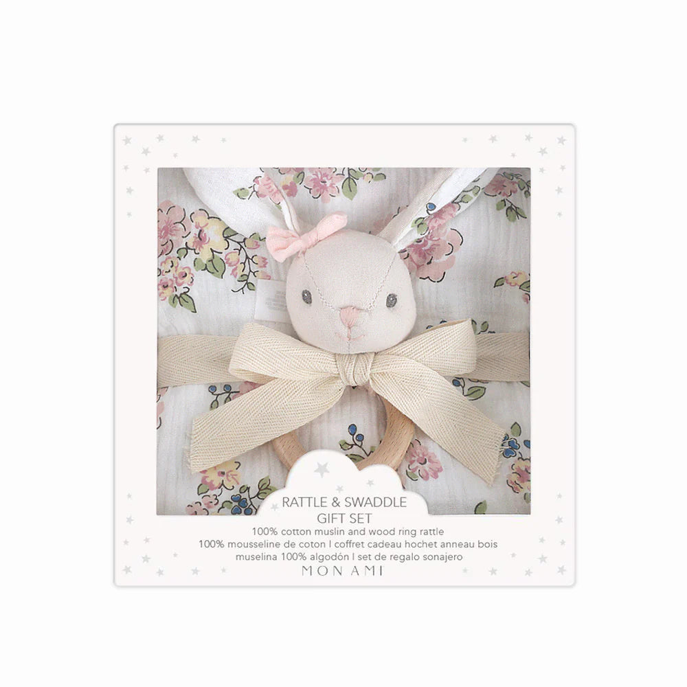 Floral Muslin and Bunny Wood Rattle Gift Set