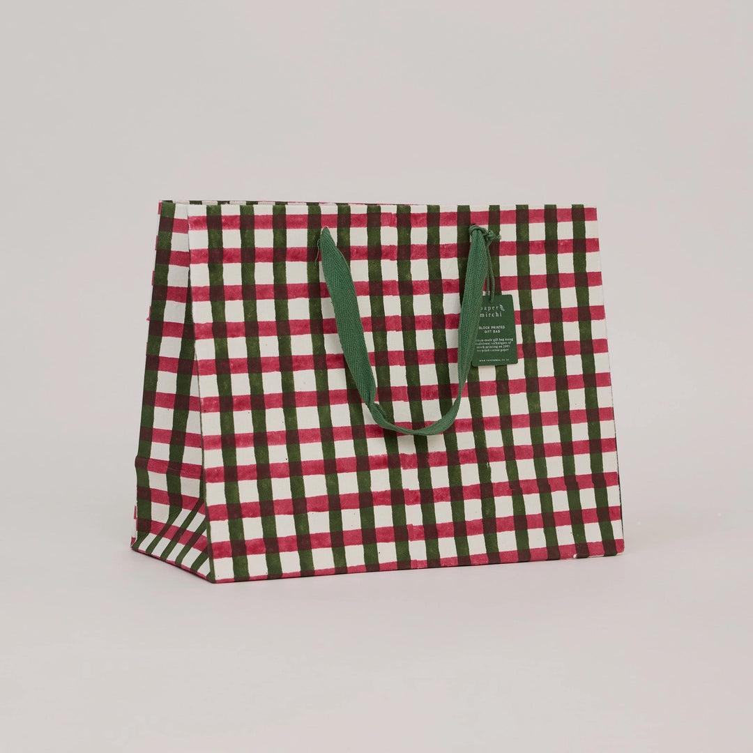 Hand Block Printed Gift Bags - Gingham Holly Green