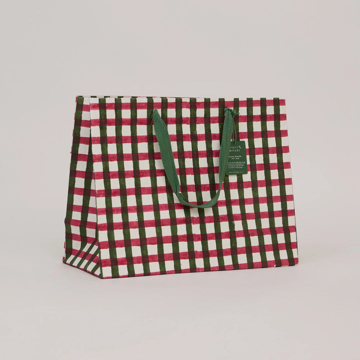 Hand Block Printed Gift Bags - Gingham Holly Green