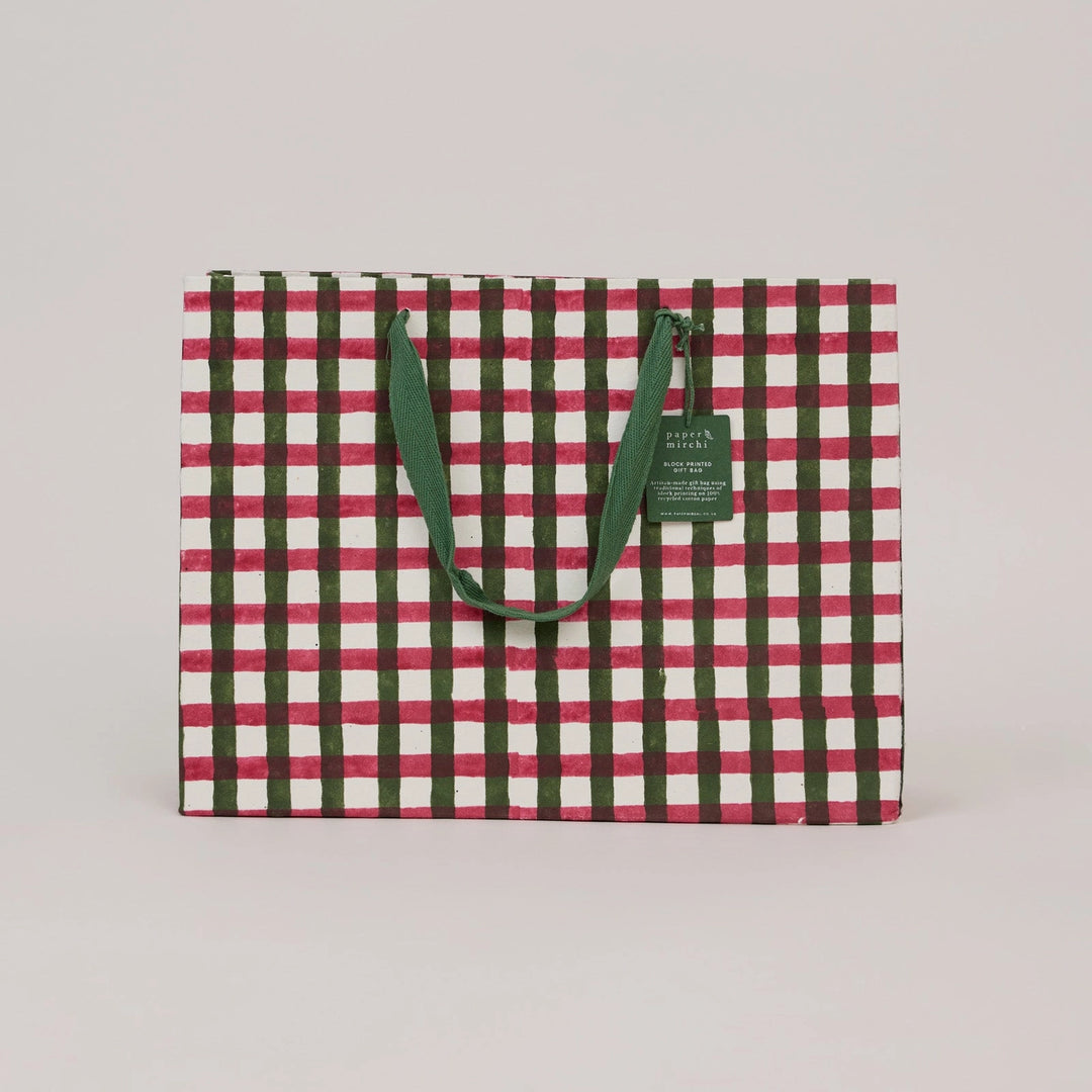 Hand Block Printed Gift Bags - Gingham Holly Green