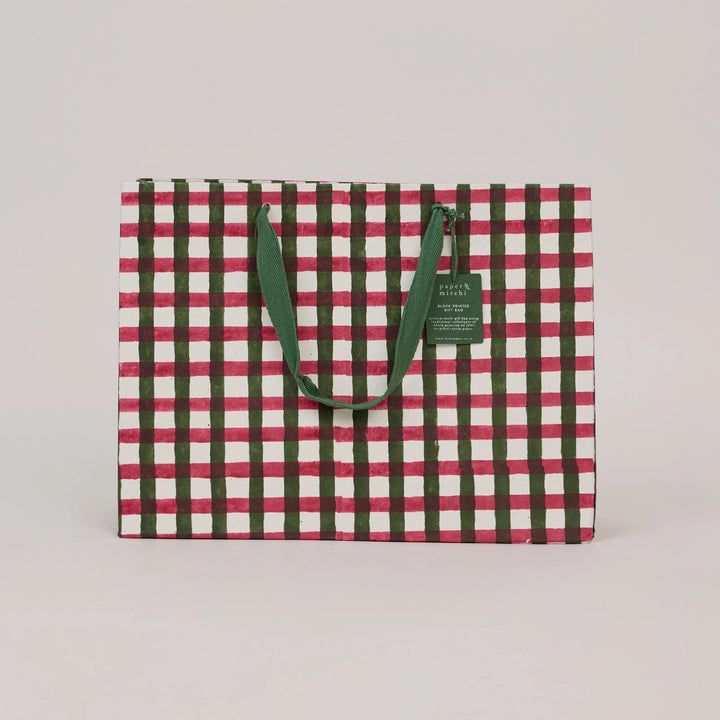 Hand Block Printed Gift Bags - Gingham Holly Green