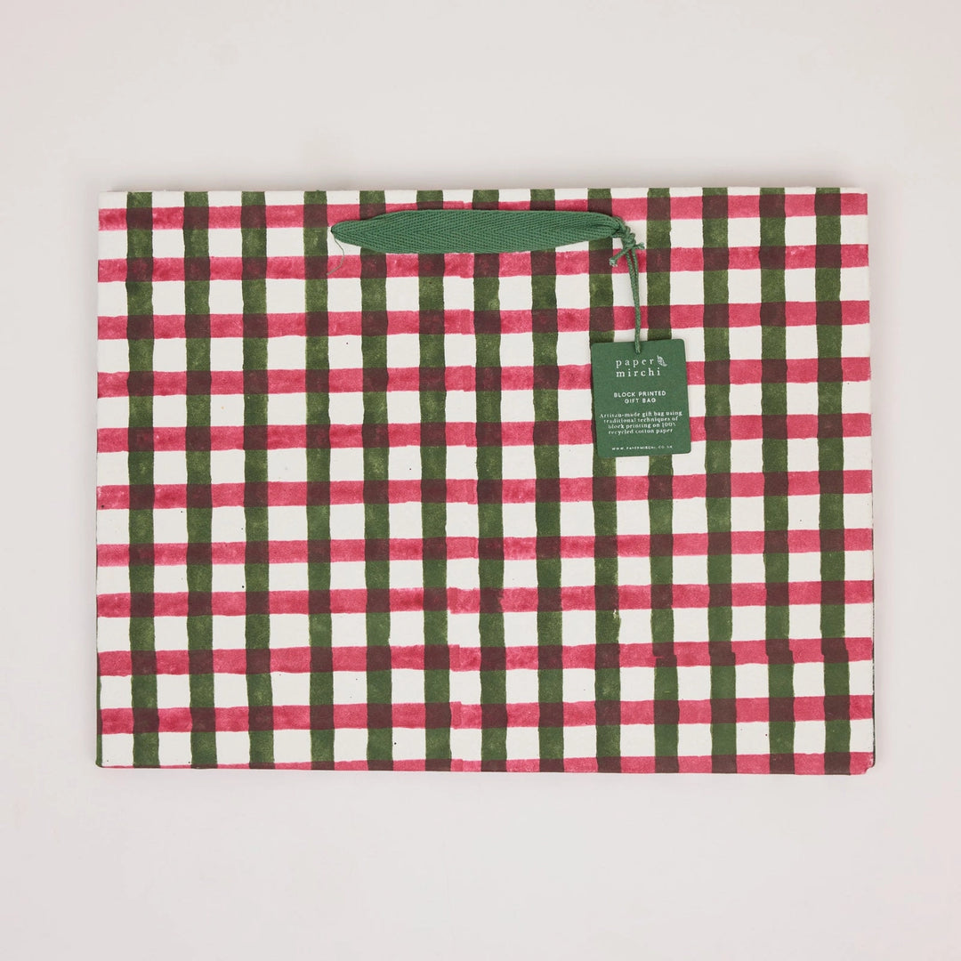 Hand Block Printed Gift Bags - Gingham Holly Green