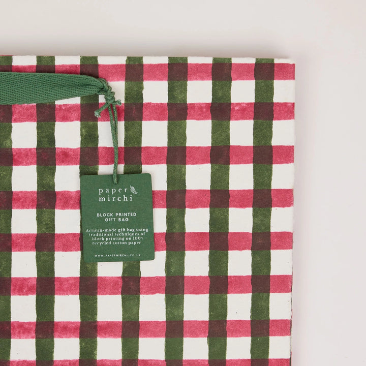 Hand Block Printed Gift Bags - Gingham Holly Green
