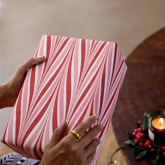 Hand Marbled Gift Wrap Sheets - Candy Stripes Berry Tinsel (Roll)