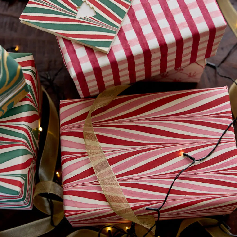 Hand Marbled Gift Wrap Sheets - Candy Stripes Berry Tinsel (Roll)