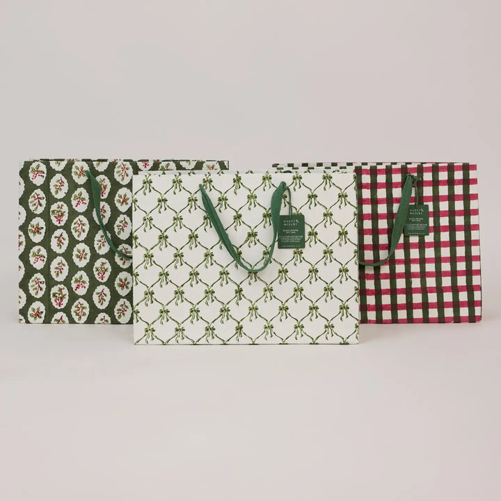 Hand Block Printed Gift Bags - Bows Holly Green
