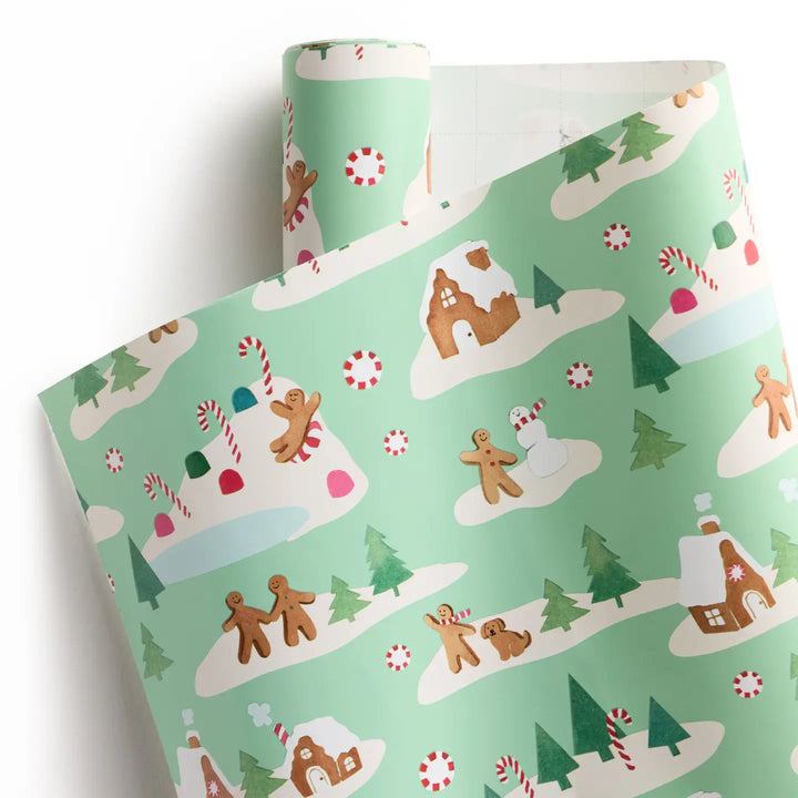 Mint Gingerbread Village Roll of Gift Wrap