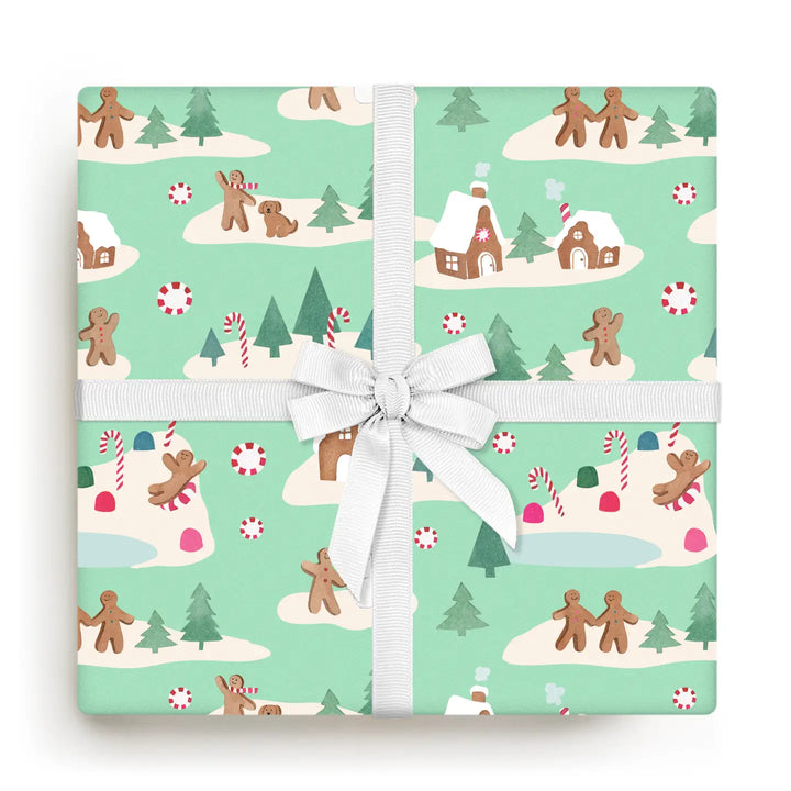 Mint Gingerbread Village Roll of Gift Wrap