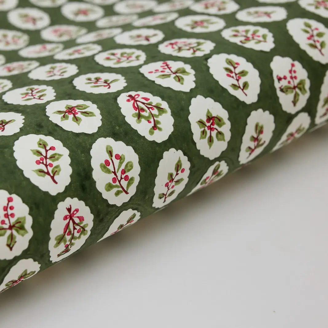 Block Printed Wrapping Paper Sheets - Scallop Tiles Holly Green(Roll)