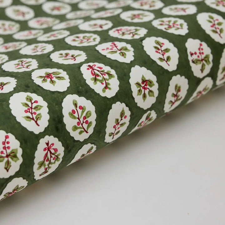 Block Printed Wrapping Paper Sheets - Scallop Tiles Holly Green(Roll)