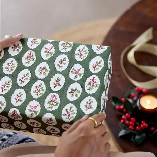 Block Printed Wrapping Paper Sheets - Scallop Tiles Holly Green(Roll)