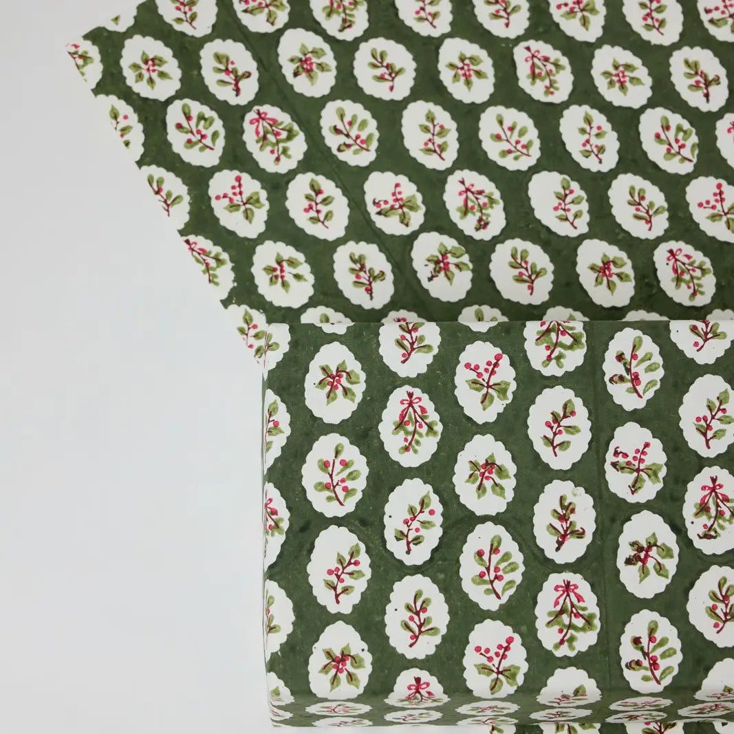 Block Printed Wrapping Paper Sheets - Scallop Tiles Holly Green(Roll)